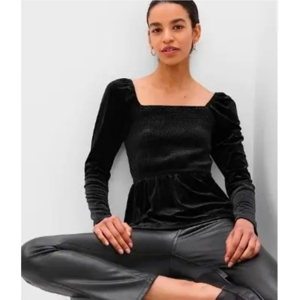 NWT GAP Black Velvet Smocked Peplum Top Women's S Tall Whimsigoth Holiday‎